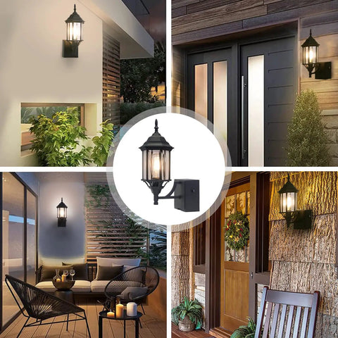 Collage of Dusk To Dawn Sensor Outdoor Wall Lantern With Built In GFCI Outlet near doors and porches, night ambiance