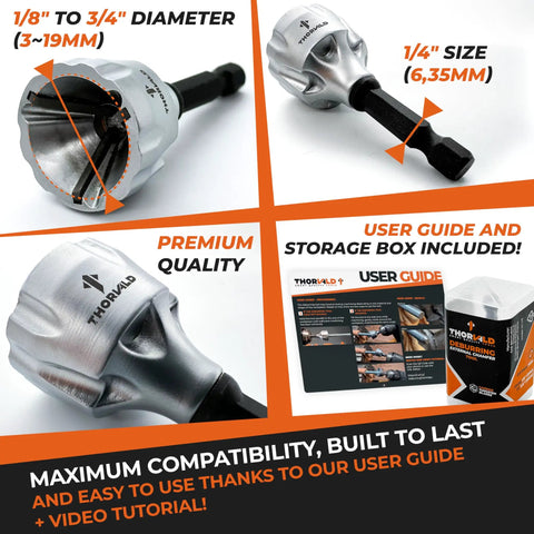 2X No-Nonsense Deburring External Chamfer Tool With Tungsten Carbide Blade package showing tool features and user guide.