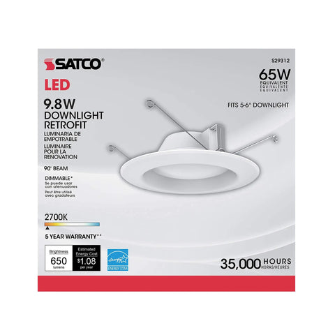 9.8W LED Downlight Retrofit Kit 5-6 Inch, 3000K Warm White, Dimmable 120V, E26 Adapter Included, 12 Pack packaging