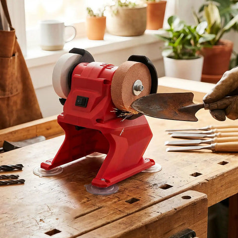Badass Compact Mini Bench Grinder With 70mm Grinding Wheel 5500 RPM Speed Cordless 18V Lithium Battery compatible design in use sharpening a shovel.