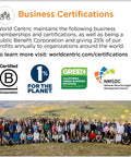 Business certifications page with B Corp, 1% for the Planet, Green Business Network, and NMSDC logos