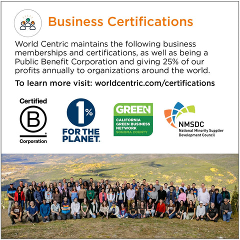 Business certifications page with B Corp, 1% for the Planet, Green Business Network, and NMSDC logos