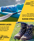 Kayak with paddle and blue cover, and pair of brown hiking boots on grass.