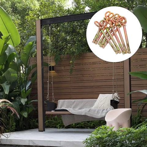 10 Pack Heavy Duty Carbon Steel Eye Bolts With Expansion Anchors For Outdoor Swings And Hammock Hanging Kit in backyard setting