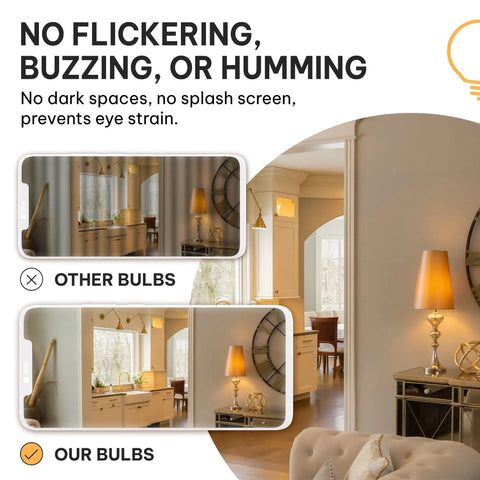 Image comparing lighting effects with Vintage LED Edison Bulbs 60W Equivalent For Home Decor, E26 E27 Base, 2700K Soft White.