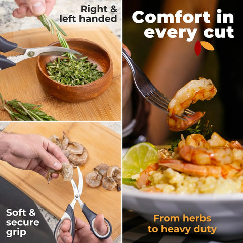 Everyday Kitchen Workhorse All Purpose Kitchen Shears And Seafood Scissors Set With Lifetime Replacement Warranty; shears cut herbs and shrimp