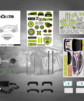 One Tenth Scale Brushless RC Car With Gyro And Four Wheel Drive Monster Rally Truck kit with decals and accessories displayed.