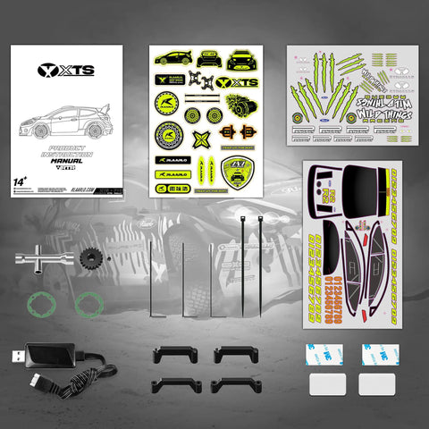 One Tenth Scale Brushless RC Car With Gyro And Four Wheel Drive Monster Rally Truck kit with decals and accessories displayed.