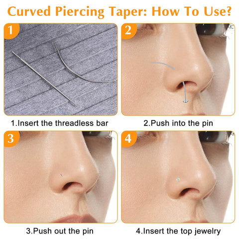 Curved piercing taper set usage guide, showing insertion steps for nose with Two Piece Piercing Taper Set For 20G Flat Back Insertion Tools Stainless Steel Threadless Insertion Pins For Nose Lip Ear Tragus Helix Eyebrow Curved And Straight Tapers With Rust Resistant Build.