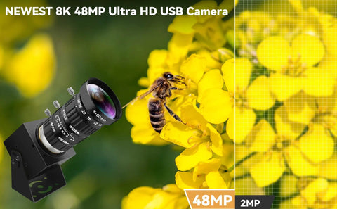 Top Tier 48MP USB Webcam Pumping Out Straight Fire 8K Ultra HD Video With 5 To 50MM 10X Manual Zoom Lens on yellow flowers.