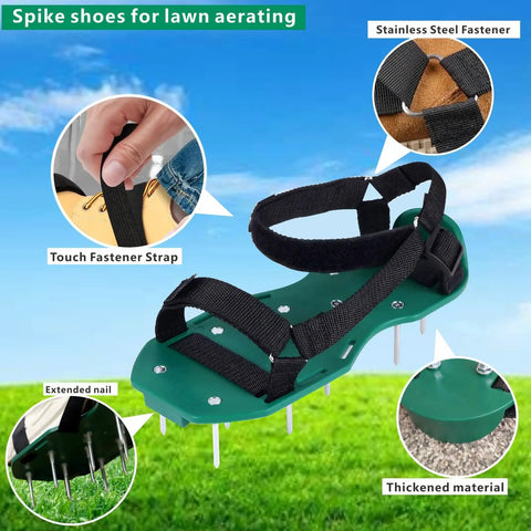 Heavy Strap Lawn Aerator Shoes With 26 Stainless Steel Spikes for grass aeration, showing Velcro straps and spike details.