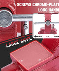 Close-up of Heavy Duty Bench Vise Featuring A 4.5 Inch Jaw Width And 3 Inch Opening, showing chrome-plated handle and large anvil measurements.