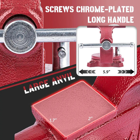 Close-up of Heavy Duty Bench Vise Featuring A 4.5 Inch Jaw Width And 3 Inch Opening, showing chrome-plated handle and large anvil measurements.