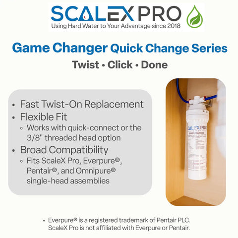 Heavy Duty Salt Free Hard Water Filter Kicks Lime Buildup Fast While Scrubbing Chlorine From Your Pipes Using Premium Coconut Carbon, mounted under a sink.