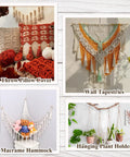 Collage featuring macrame throw pillow cover, wall tapestries, macrame hammock, and hanging plant holder with boho decor.
