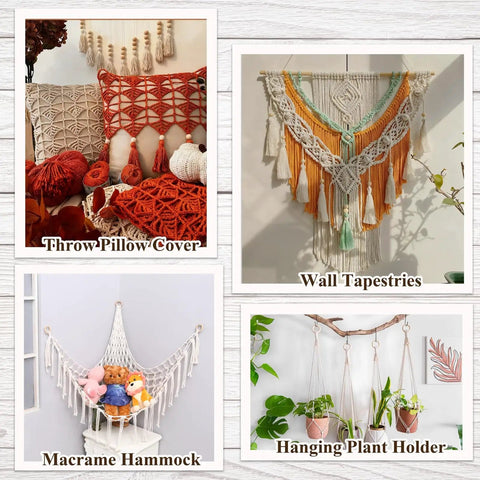 Collage featuring macrame throw pillow cover, wall tapestries, macrame hammock, and hanging plant holder with boho decor.