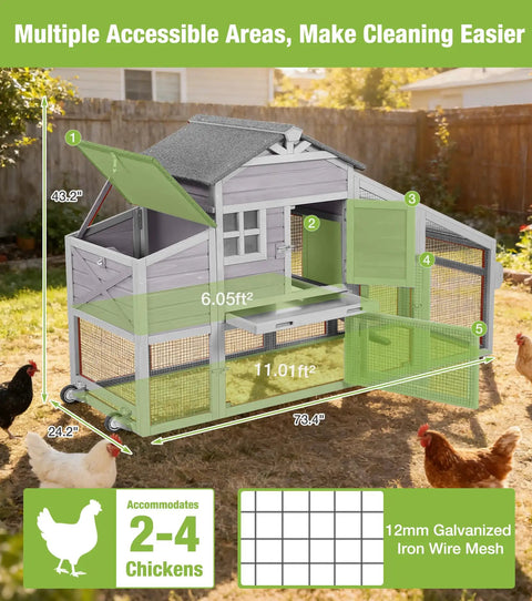 Mobile Chicken Coop With Run For Secure Poultry Housing On Wheels Nesting Box And Slide Out Tray Waterproof Roof Predator Proof Hen House For Backyard Farm Gray