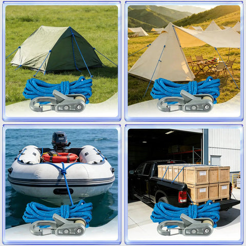 Six Pack Metal Rope Adjusters With Rustproof Brass Cam Tensioners And 9 Foot Reflective Braided Cords securing outdoor gear
