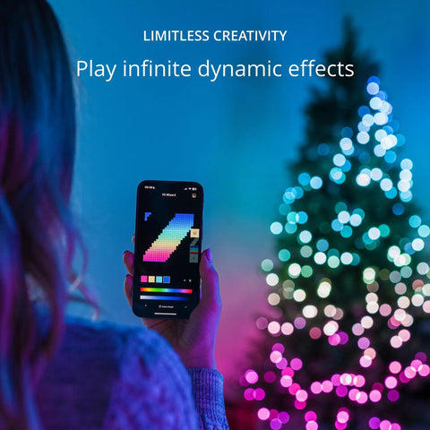Person controlling 65.6 Feet Indoor Outdoor Smart RGB LED String Lights With Over 16 Million Dope Colors via app.