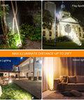 Four scenes using Solar Outdoor Spotlights Waterproof LED Flood Light With Separate Solar Panel for trees, flags, statues, and indoors.