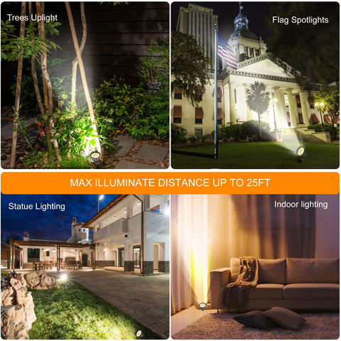 Four scenes using Solar Outdoor Spotlights Waterproof LED Flood Light With Separate Solar Panel for trees, flags, statues, and indoors.