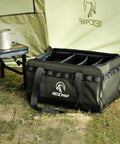 35L Tactical Camping Tote Organizer Duffel Bag with Dividers, Army Green, next to camping table and tent on grass