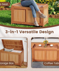 Wood Deck Storage Box 52 Gallon For Patio Cushions And Pillows Garden Tools Pool Accessories And Outdoor Gear Sturdy Outdoor Chest With Big Top Load Weatherproof Natural Wood Finish Indoor Outdoor Storage Solution shown as seat, storage, and coffee table.