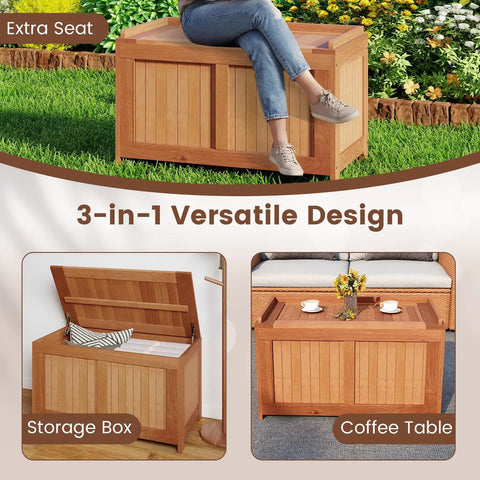 Wood Deck Storage Box 52 Gallon For Patio Cushions And Pillows Garden Tools Pool Accessories And Outdoor Gear Sturdy Outdoor Chest With Big Top Load Weatherproof Natural Wood Finish Indoor Outdoor Storage Solution shown as seat, storage, and coffee table.