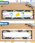 Before and after use of 40 Pack Clear Self Adhesive Nameplate Pockets For Desks 10.5 By 3.5 Inches Thick Reusable Plastic Name Tag Covers