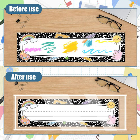 Before and after use of 40 Pack Clear Self Adhesive Nameplate Pockets For Desks 10.5 By 3.5 Inches Thick Reusable Plastic Name Tag Covers
