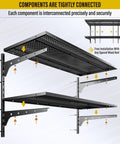 Two Pack Heavy Duty Wall Mounted Garage Shelves, Two Tier 1.3x3ft Units With 15.6x36 Inch Per Shelf, Black Finish shown installed