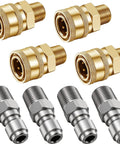 Set of four brass NPT 1/4-inch pressure washer quick-connect couplers with threaded ends and four silver adapters.