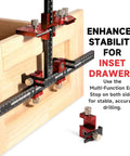 Upgraded Cabinet Hardware Jig Featuring Micro Adjustment Slider For Dead On Drawer Pull Template Alignment No Fuss Drill Bit Storage Slick Woodworking Calibration Tool on wooden inset drawer.
