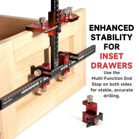 Upgraded Cabinet Hardware Jig Featuring Micro Adjustment Slider For Dead On Drawer Pull Template Alignment No Fuss Drill Bit Storage Slick Woodworking Calibration Tool on wooden inset drawer.