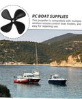 Pair Of High-Strength RC Boat Propeller Shaft Set For Fishing And Simulation Boats Replacement Parts For Remote Control Models Easy To Install And Durable Propellers Built Tough For Realistic Runs, shown with diverse boat models in scenic water view.