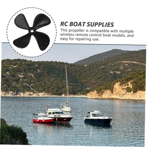 Pair Of High-Strength RC Boat Propeller Shaft Set For Fishing And Simulation Boats Replacement Parts For Remote Control Models Easy To Install And Durable Propellers Built Tough For Realistic Runs, shown with diverse boat models in scenic water view.