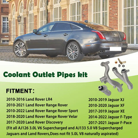 Heavy Duty Aluminum Coolant Outlet Pipes For Jaguar Land Rover Range Rover Sport Lr4 3.0L V6 5.0L V8 Replaces Lr092992 Lr028136, showcasing pipes and fitment details.