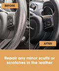 Before and after image of leather steering wheel using Total Game Changer Leather Steering Wheel Repair Kit to fix scratches.