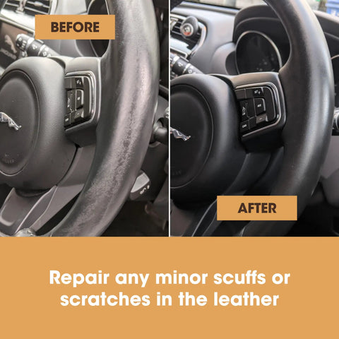 Before and after image of leather steering wheel using Total Game Changer Leather Steering Wheel Repair Kit to fix scratches.