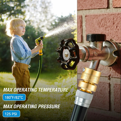 Self Draining Vacuum Breaker Anti Siphon Valve For Garden Hose Faucet With Washers And Sealing Tape Backflow Preventer For Outdoor Spigot Fine Thread Inlet One And One Sixteenth Inch Outlet Three Quarter Inch Male Hose Thread Replacement For PK1380 shown on outdoor faucet with child using a hose