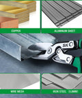Heavy Duty Tin Snips With Forged Blade And Compound Action For Superior Metal Cutting on sheet metal, ergonomic handle visible