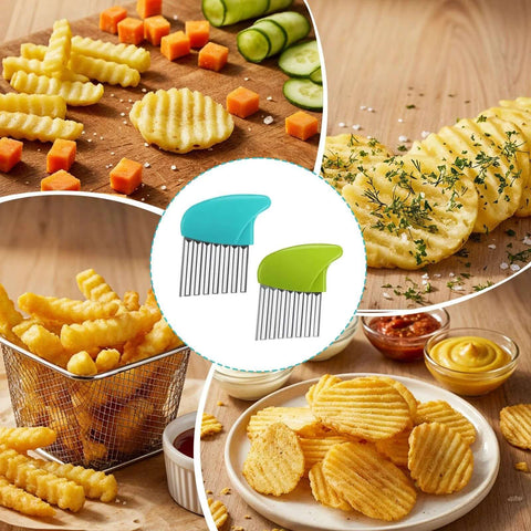 2-pack crinkle cutters with blue and green handles; stainless steel blades for vegetables and fries.