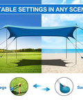 Beach Sun Shelter Canopy Tent 11x14 Ft With 22mm Thick Aluminum Poles shown with grass pegs and sandbags for stability.
