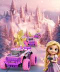 Pink Purple 1:20 Scale RC Monster Truck With LED Lights And DIY Windmills in snowy pink forest, girl holding remote control