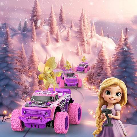 Pink Purple 1:20 Scale RC Monster Truck With LED Lights And DIY Windmills in snowy pink forest, girl holding remote control