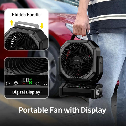 Camping Fan With Light 20000mAh Rechargeable Battery, Remote Control, portable with hidden handle and digital display