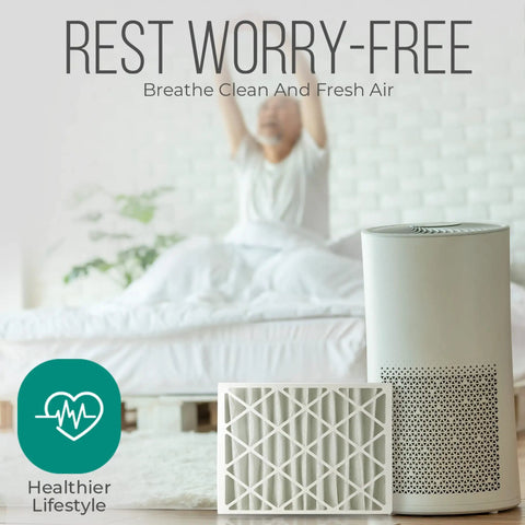 Air purifier and 20x25x4 Furnace Filter Replacement With MERV 11 Media For Cleaner Air in a bedroom setting