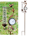 32-Inch Garden Rain Gauge With Thermometer And Metal Bird Statue, featuring clear glass tube for rainfall and temperature readings.