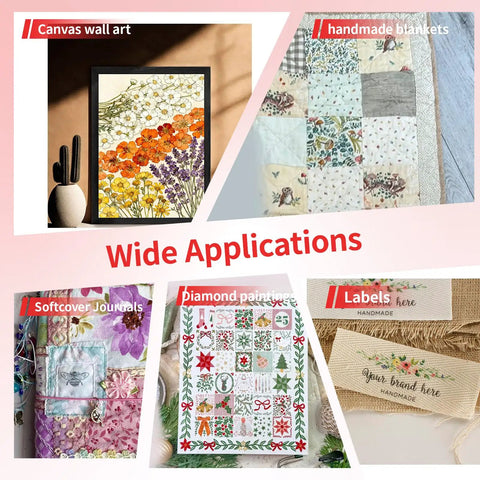Collage showing various applications of Heavyweight 350 GSM Printable Cotton Canvas Sheets For Inkjet Printers 8.5x11 Inch 20 Sheets Matte Finish Real Cotton Canvas For Photo Printing And Crafts.