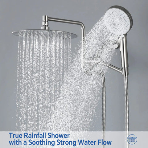 Brushed Nickel Waterfall Shower Head With Handheld Spray Combo Featuring 3 Way Diverter Extension Arm Stainless Steel Hose And Holder